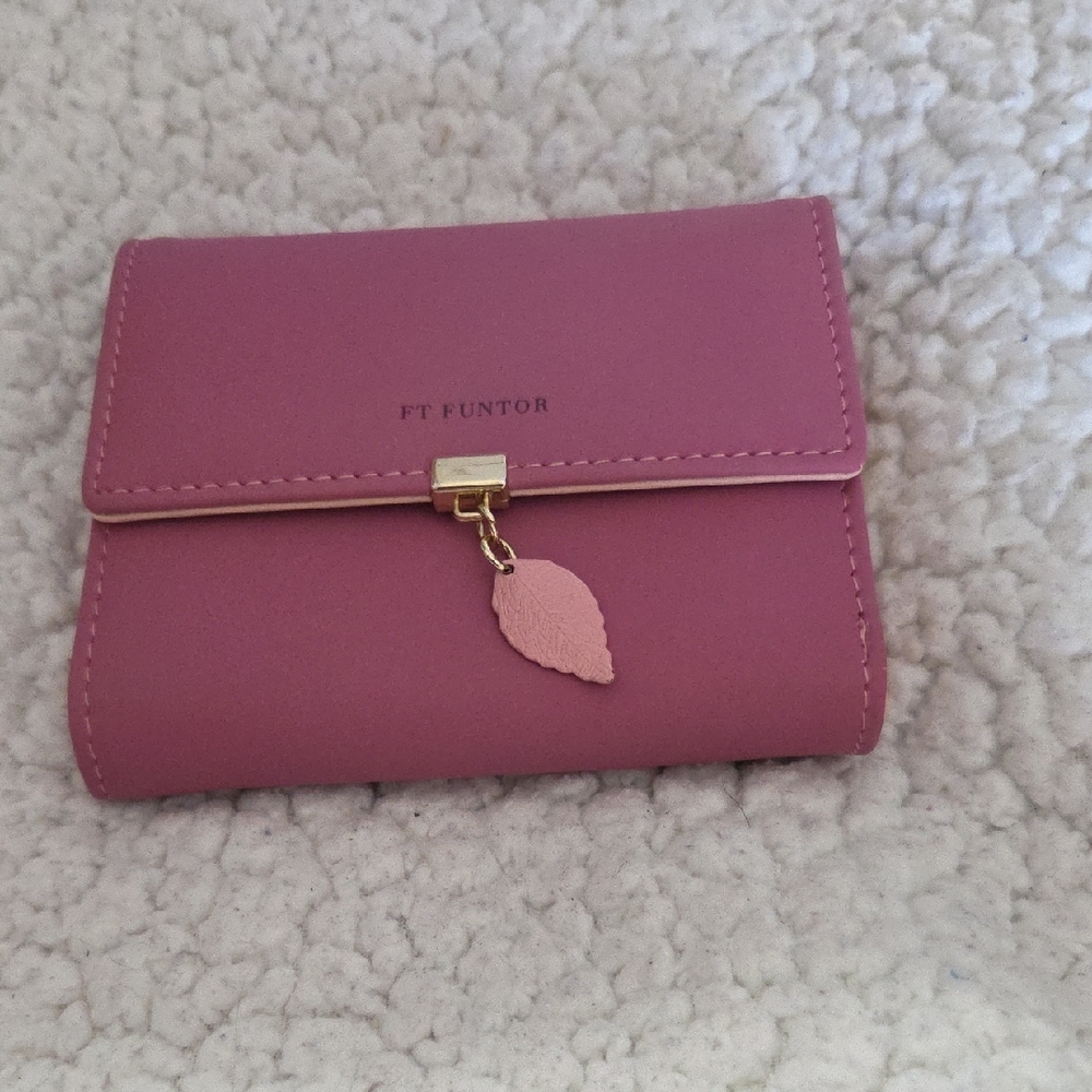 Pink Compact Wallet with Leaf Charm